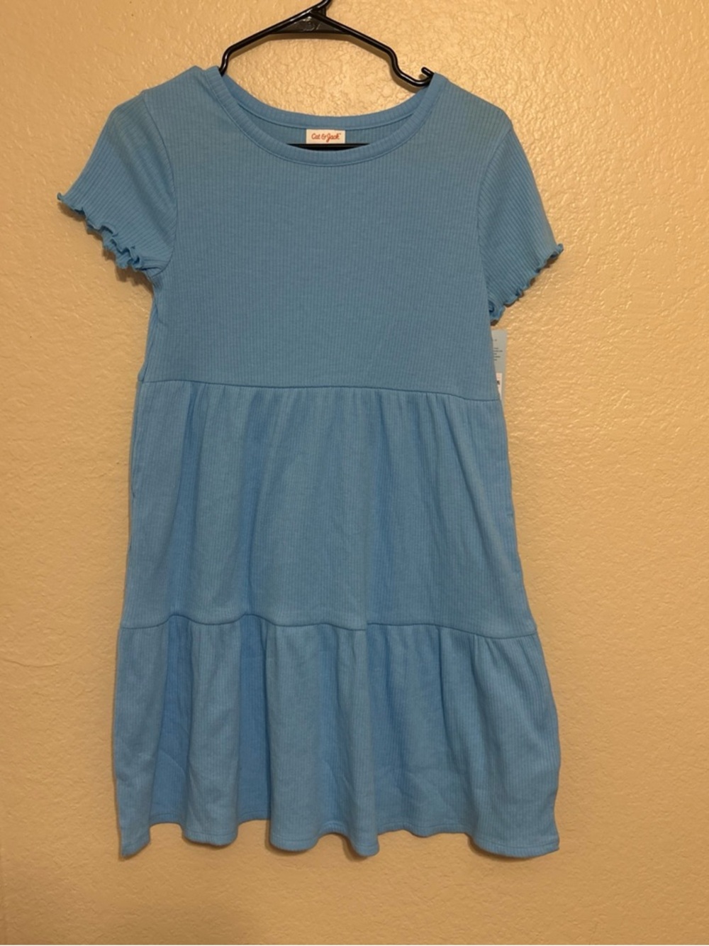 Cat & Jack Girls' Blue Short Sleeve Pocket Ribbed Dress, Size XL 14